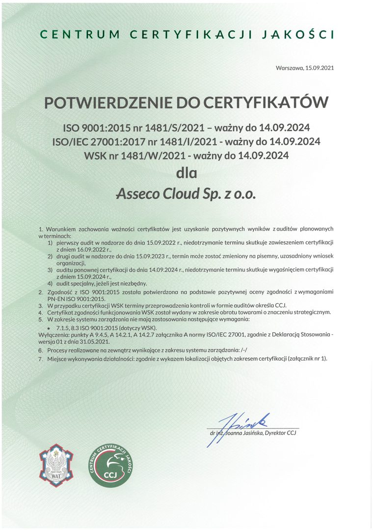 Asseco Cloud Potwierdzenie do Certyfikatów